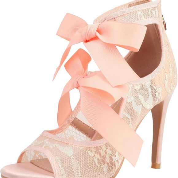 Lace Heels with Bow Adjustable Strappy Peep Toe Party Wedding Sandals - Picture 3 of 6